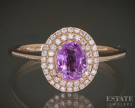 18k Rose Gold Natural Pink Sapphire & Diamond Halo Ladies Ring 3.6g p25440