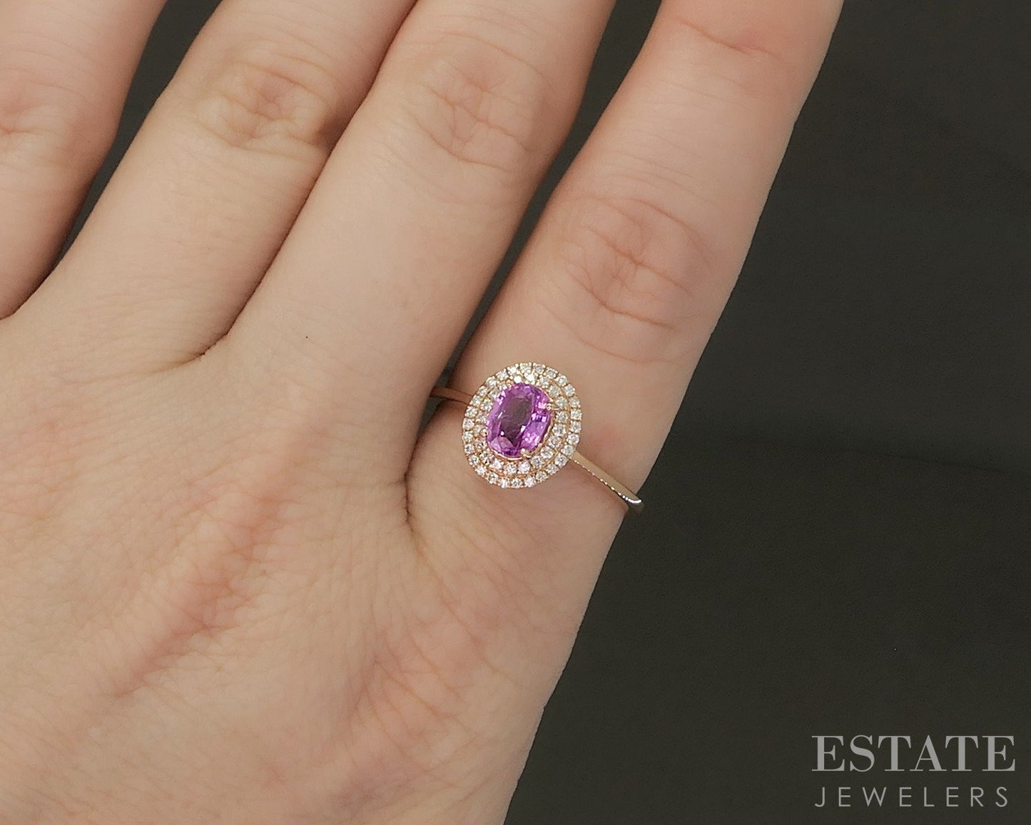 18k Rose Gold Natural Pink Sapphire & Diamond Halo Ladies Ring 3.6g p25440
