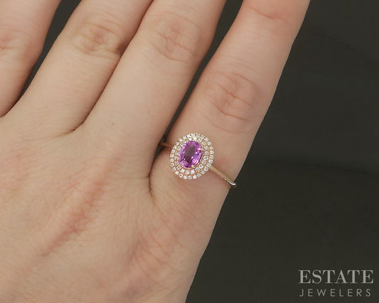 18k Rose Gold Natural Pink Sapphire & Diamond Halo Ladies Ring 3.6g p25440