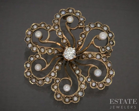 Antique Victorian 14k Yellow Gold Diamond Seed Pearl Pin Pendant 4.7g p25062
