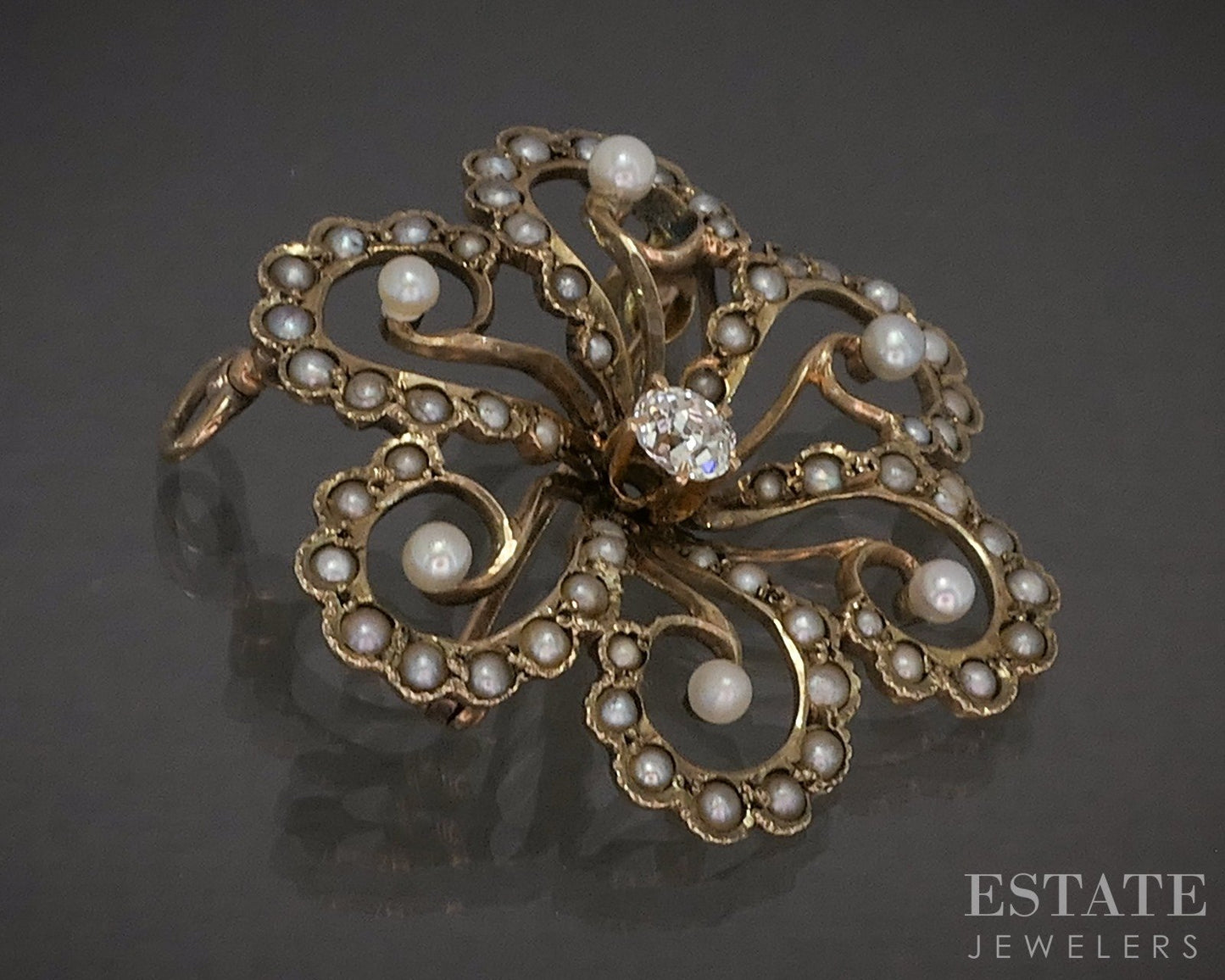 Antique Victorian 14k Yellow Gold Diamond Seed Pearl Pin Pendant 4.7g p25062