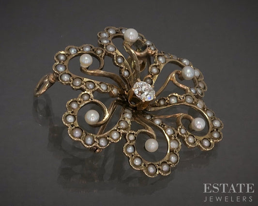 Antique Victorian 14k Yellow Gold Diamond Seed Pearl Pin Pendant 4.7g p25062