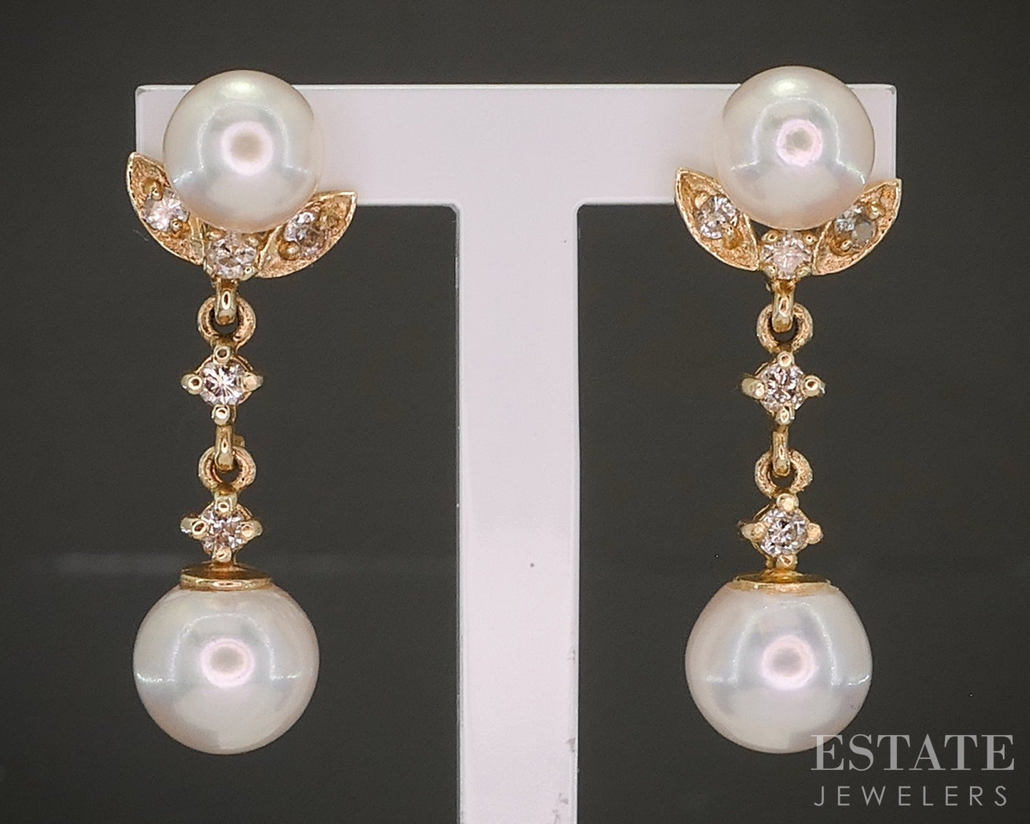 14k Yellow Gold 6-7mm Akoya Pearl & Diamond Dangle Earrings 3.6g p26992
