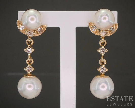 14k Yellow Gold 6-7mm Akoya Pearl & Diamond Dangle Earrings 3.6g p26992