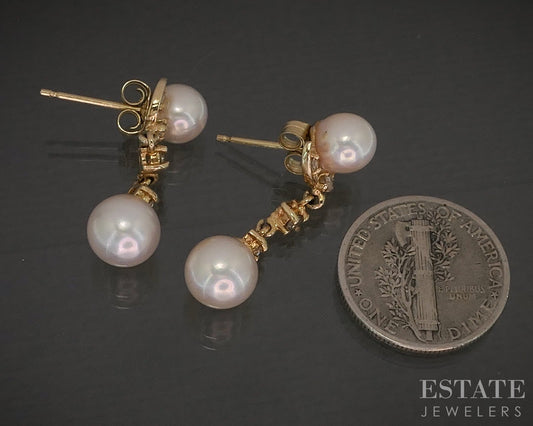 14k Yellow Gold 6-7mm Akoya Pearl & Diamond Dangle Earrings 3.6g p26992