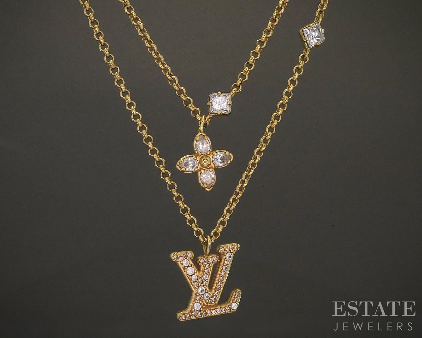Vintage Gold Tone Louis Vuitton Lady LV Cystal Double Necklace 16"L p26488