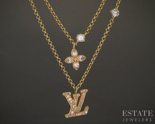 Vintage Gold Tone Louis Vuitton Lady LV Cystal Double Necklace 16"L p26488