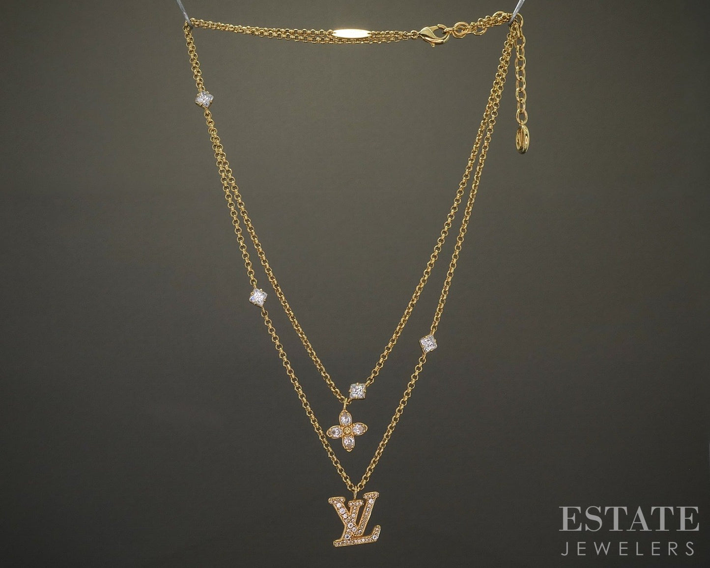 Vintage Gold Tone Louis Vuitton Lady LV Cystal Double Necklace 16"L p26488