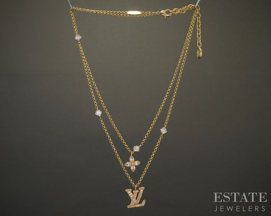 Vintage Gold Tone Louis Vuitton Lady LV Cystal Double Necklace 16"L p26488