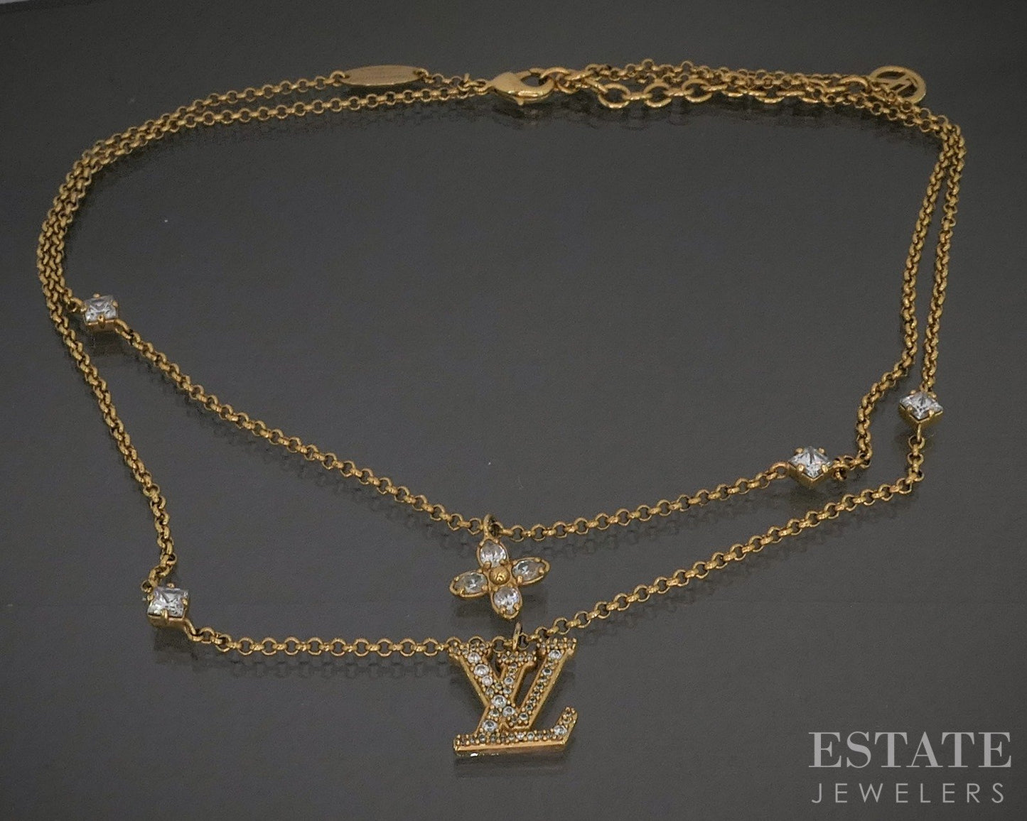Vintage Gold Tone Louis Vuitton Lady LV Cystal Double Necklace 16"L p26488