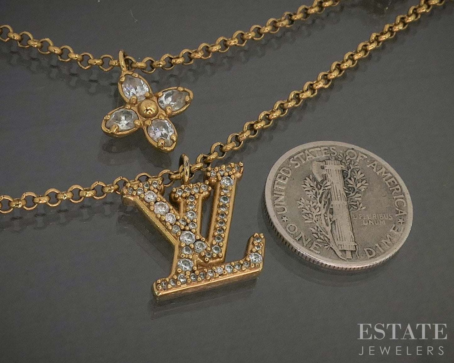 Vintage Gold Tone Louis Vuitton Lady LV Cystal Double Necklace 16"L p26488