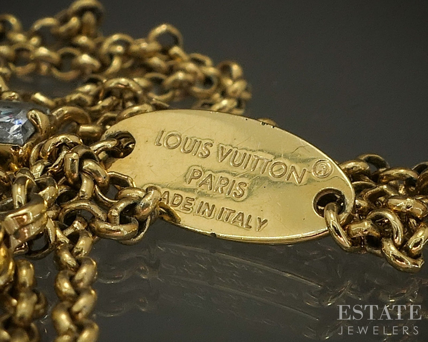 Vintage Gold Tone Louis Vuitton Lady LV Cystal Double Necklace 16"L p26488