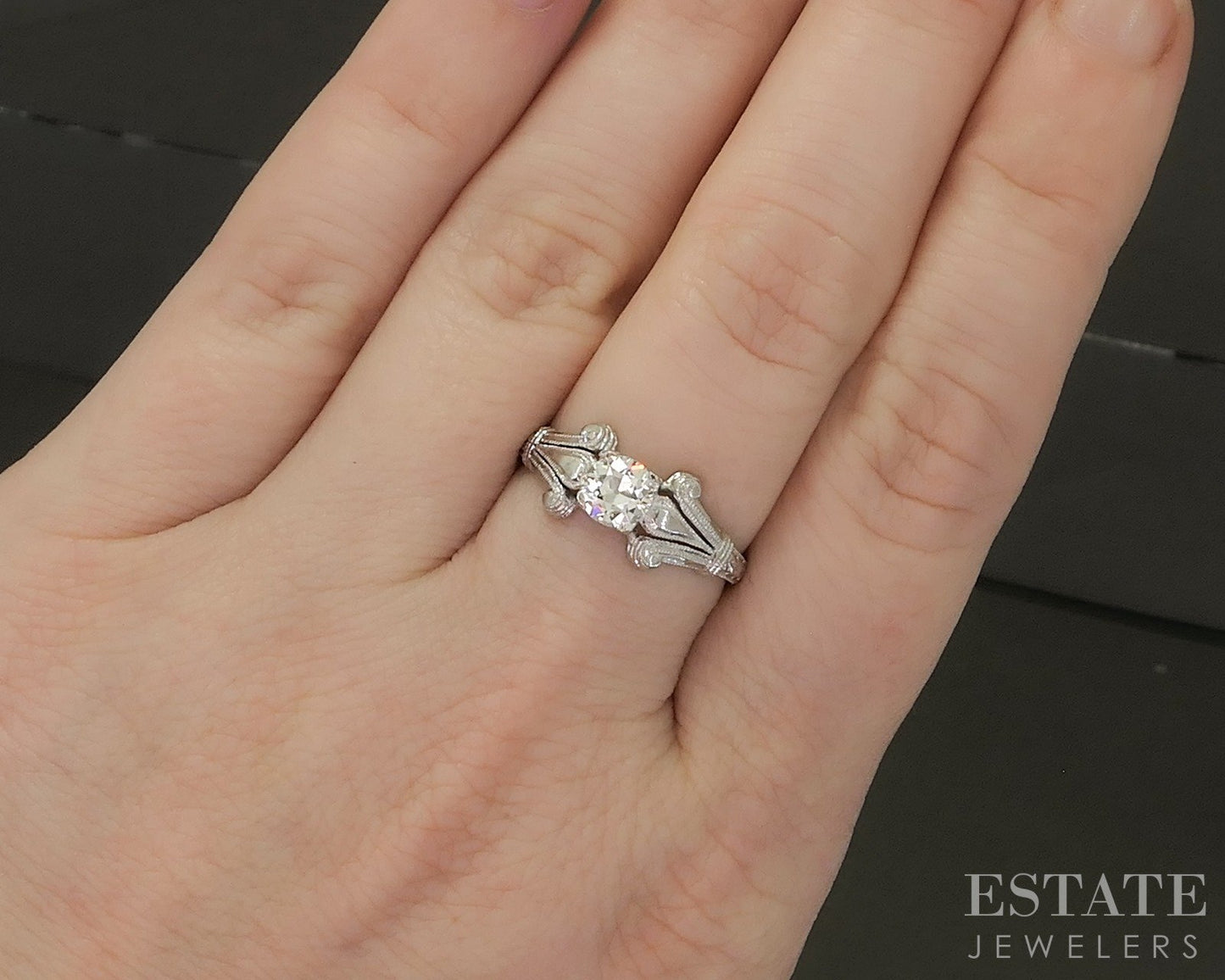Vintage 18k White Gold Mine Cut Natural .52ct Diamond Solitaire Ring 2.7g p26012