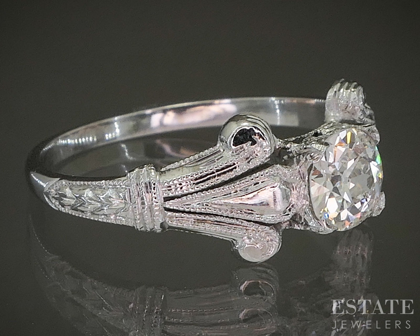 Vintage 18k White Gold Mine Cut Natural .52ct Diamond Solitaire Ring 2.7g p26012