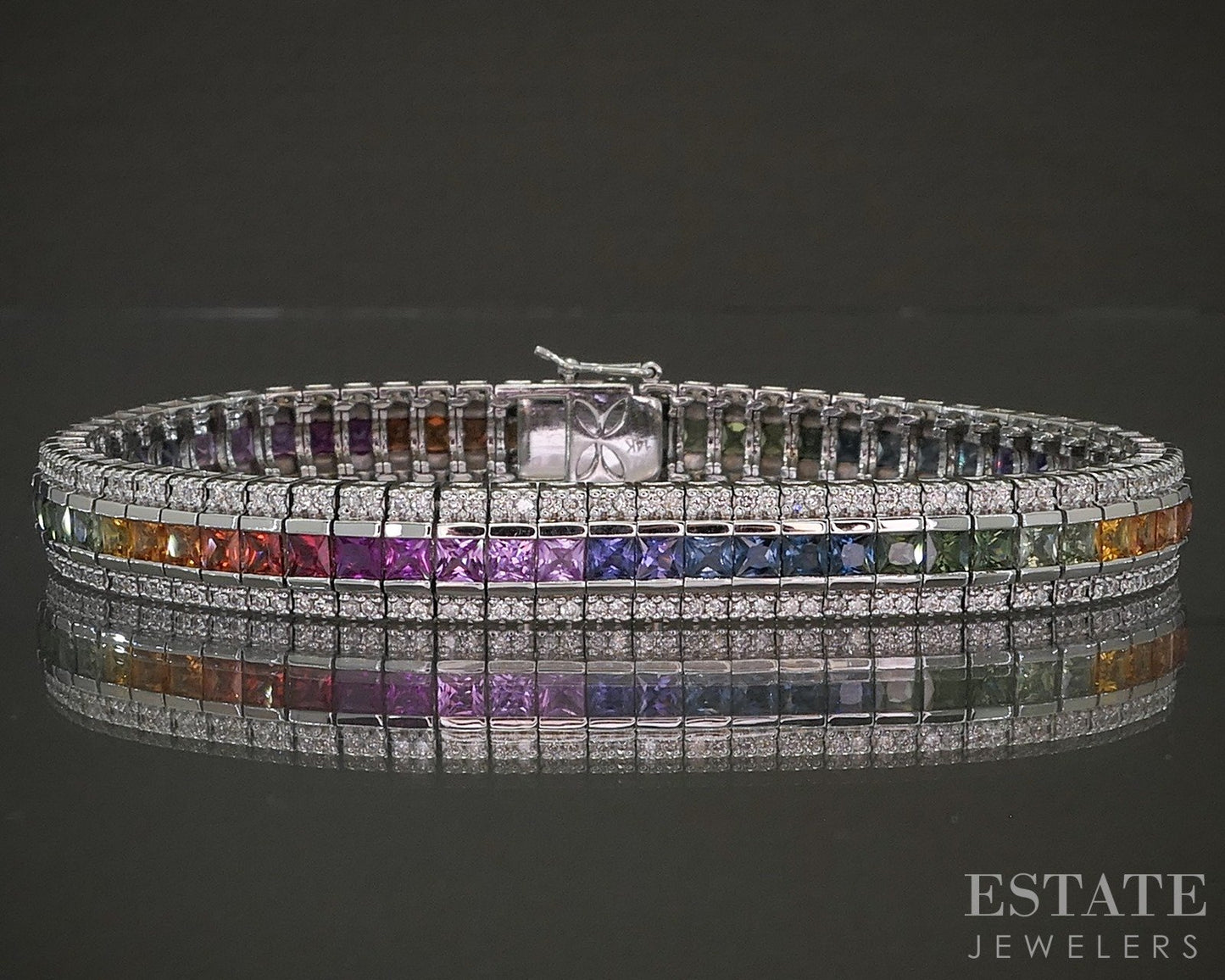 14k White Gold Rainbow Sapphire & Diamond Tennis Bracelet 24.6g 7.25"L p28190