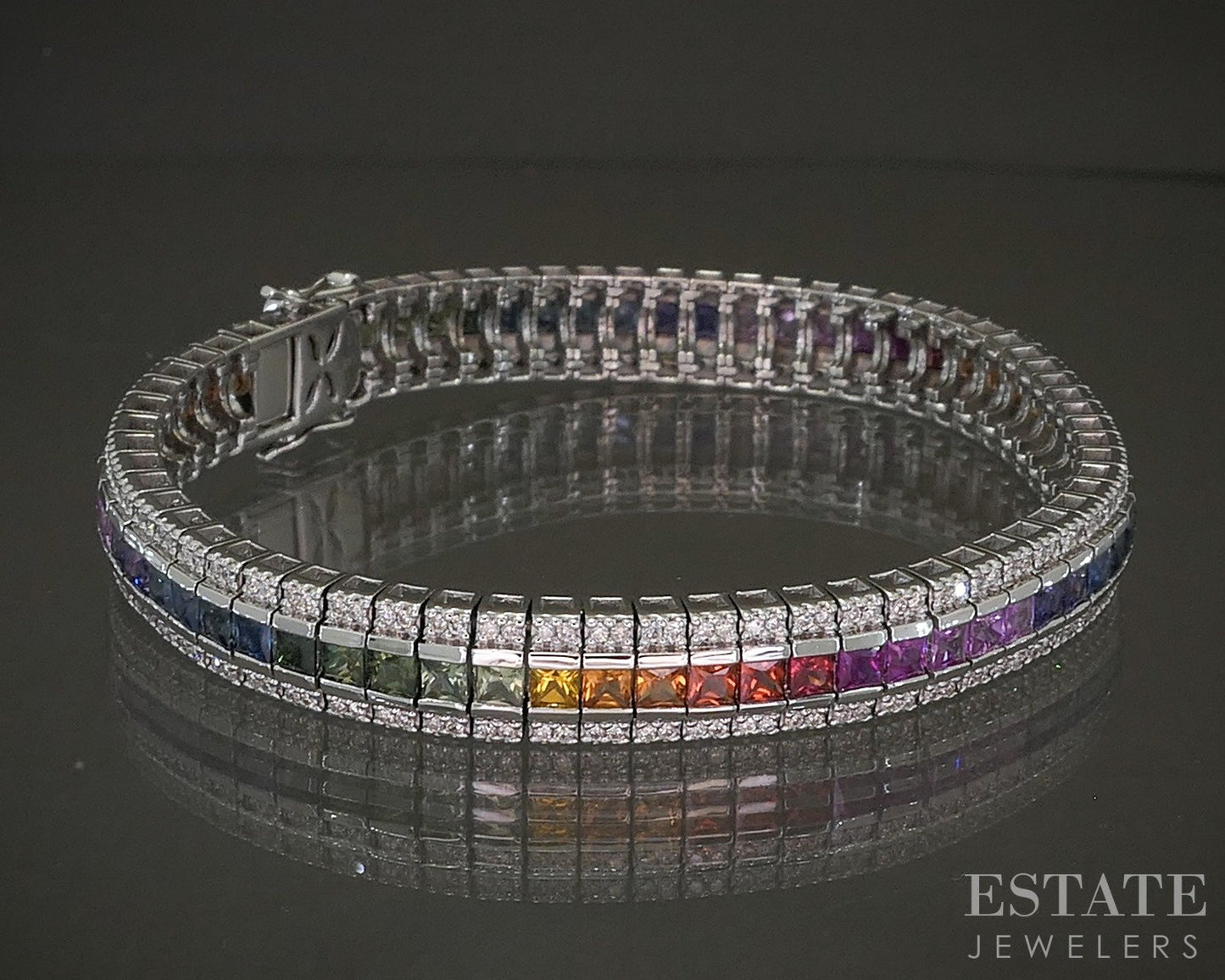 14k White Gold Rainbow Sapphire & Diamond Tennis Bracelet 24.6g 7.25"L p28190