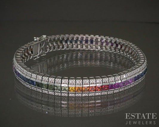 14k White Gold Rainbow Sapphire & Diamond Tennis Bracelet 24.6g 7.25"L p28190