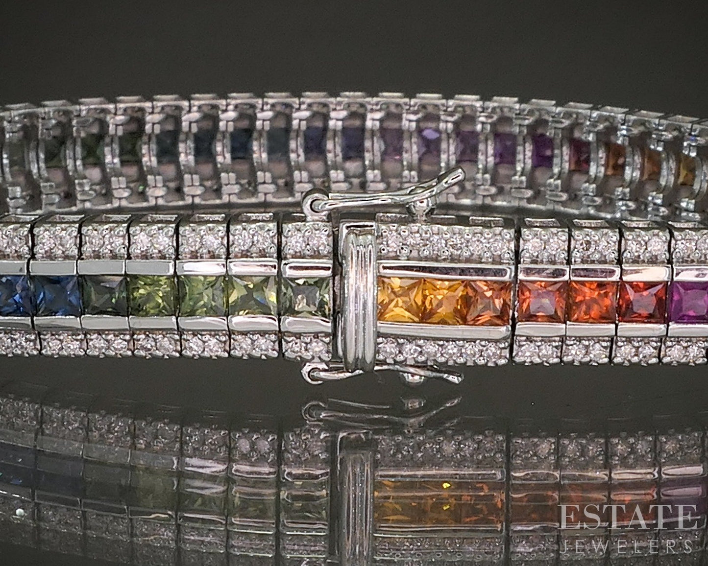 14k White Gold Rainbow Sapphire & Diamond Tennis Bracelet 24.6g 7.25"L p28190