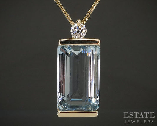 14k Yellow Gold Natural 9.78ct Aquamarine & Diamond Necklace 10.7g 18"L p28209