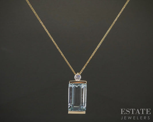 14k Yellow Gold Natural 9.78ct Aquamarine & Diamond Necklace 10.7g 18"L p28209