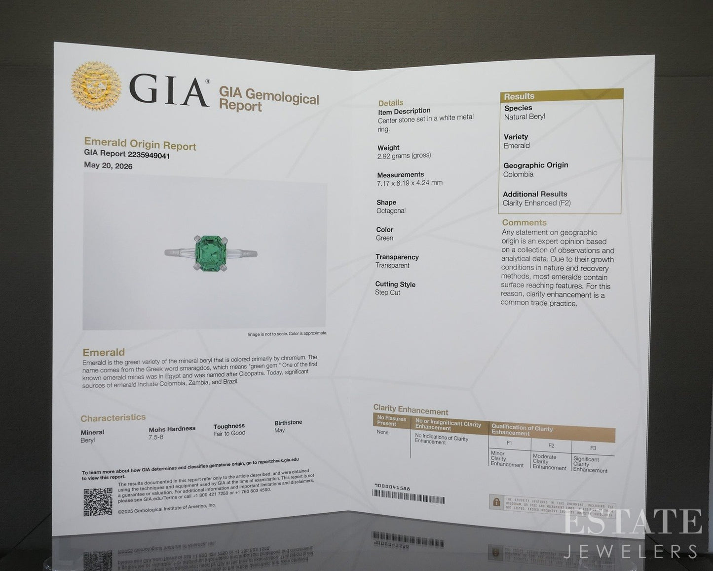 Platinum GIA Natural 1.25ct Colombian Emerald & Diamond Ring 2.9g p28188