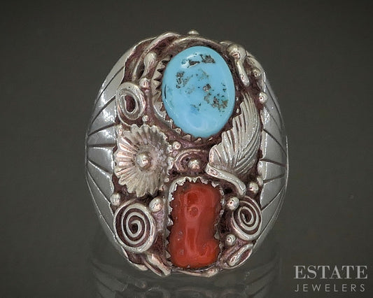 Vintage Sterling Turquoise & Coral Navajo Albert Cleveland Mens Ring 20g p28556
