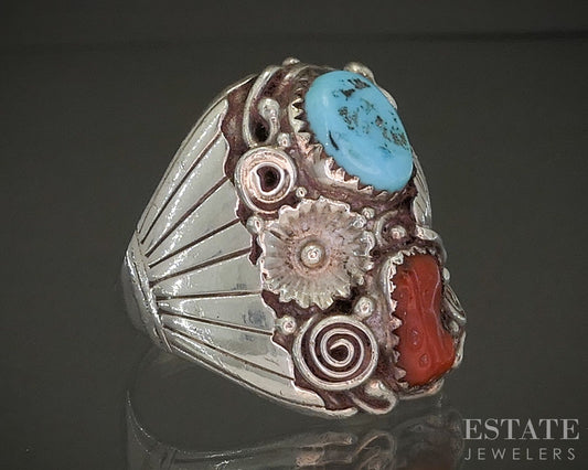 Vintage Sterling Turquoise & Coral Navajo Albert Cleveland Mens Ring 20g p28556