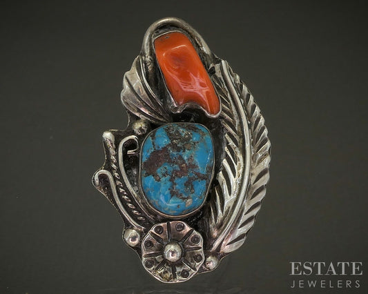 Vintage Sterling Natural Turquoise & Coral Navajo Chris Charley Ring 23g p28562