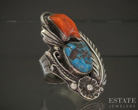 Vintage Sterling Natural Turquoise & Coral Navajo Chris Charley Ring 23g p28562