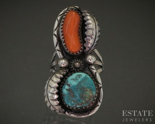 Vintage Sterling Natural Turquoise & Coral Navajo Mary B. Smith Ring 10g p28563