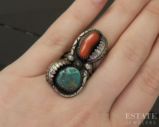Vintage Sterling Natural Turquoise & Coral Navajo Mary B. Smith Ring 10g p28563