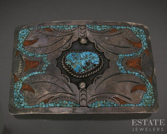 Vintage Sterling HMIJ Ortega Shop Turquoise Coral Navajo Belt Buckle 50g p28627