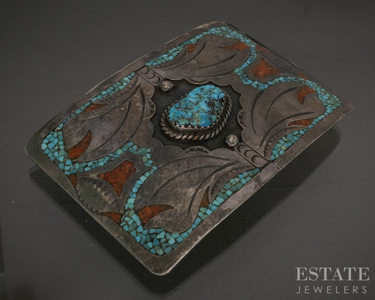 Vintage Sterling HMIJ Ortega Shop Turquoise Coral Navajo Belt Buckle 50g p28627