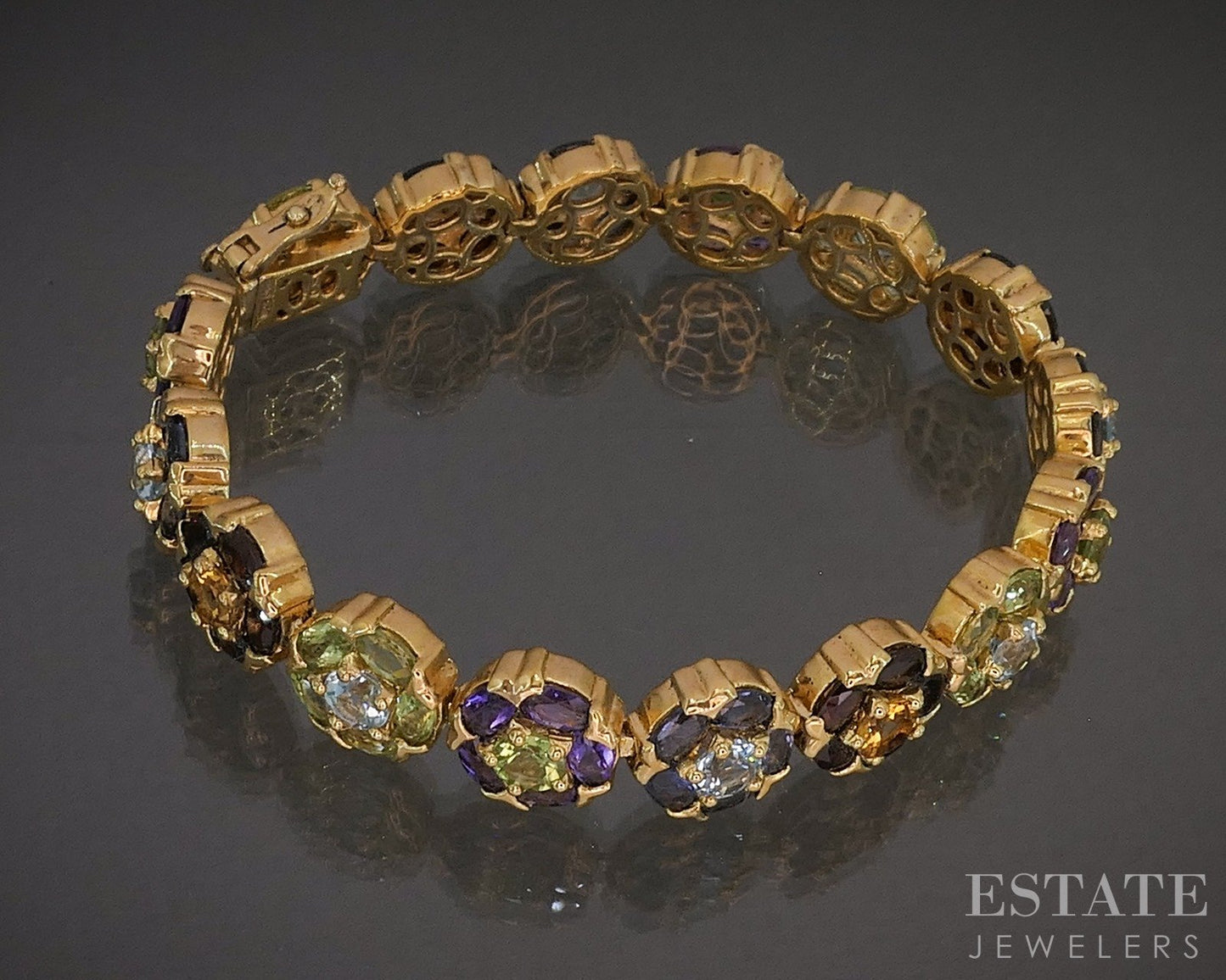 Sterling Silver Multi Gem Flower Link Tennis Bracelet 36g 7.5"L p28628
