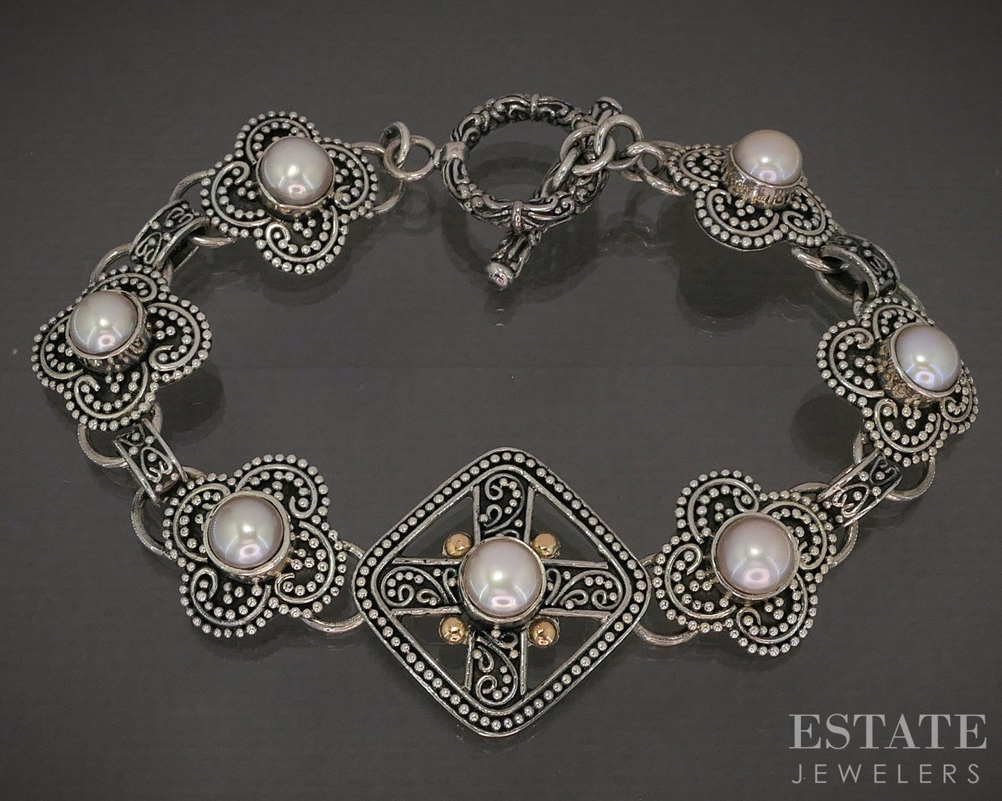 18k & Sterling BA Bali Suarti 6mm Cultured Pearl Link Bracelet 23g 7.75"L p28630