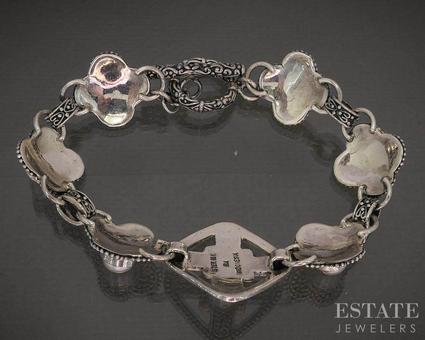 18k & Sterling BA Bali Suarti 6mm Cultured Pearl Link Bracelet 23g 7.75"L p28630