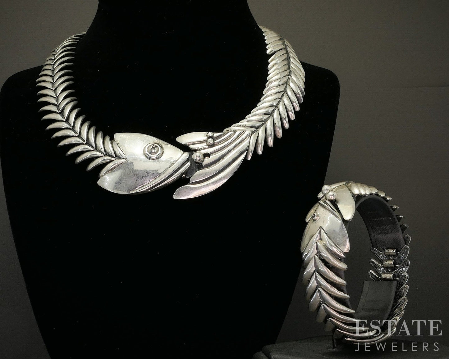 Vintage Sterling Mexico D Molina Fish Bone Necklace & Bracelet Set 240g p28635