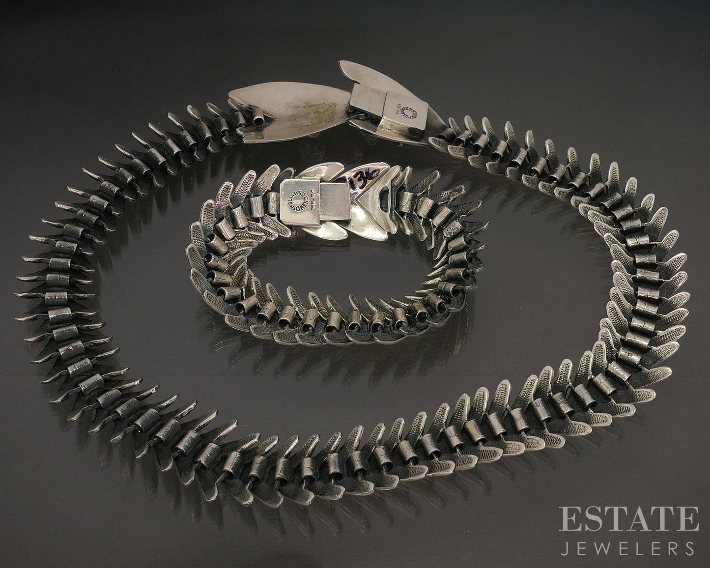 Vintage Sterling Mexico D Molina Fish Bone Necklace & Bracelet Set 240g p28635