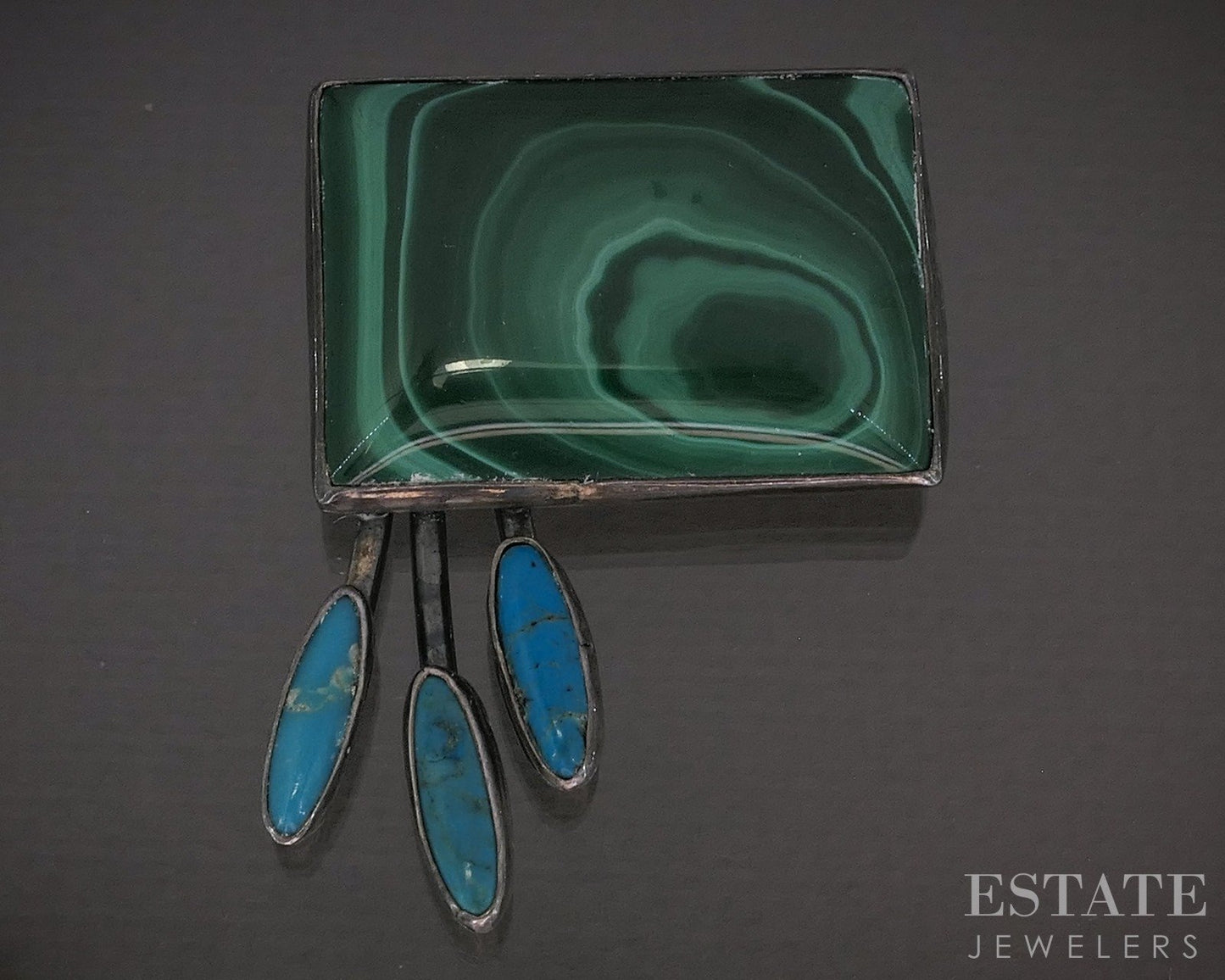 Vintage Sterling Helen Harrison Malachite & Turquoise Navajo Pin Brooch p28642