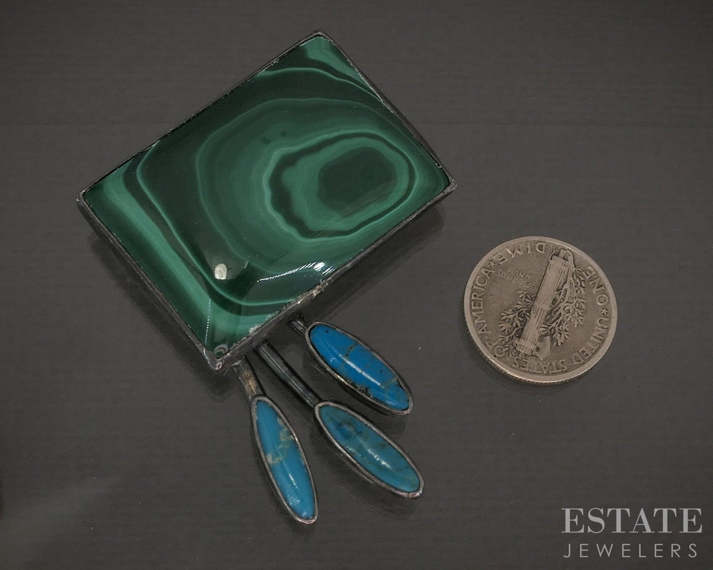 Vintage Sterling Helen Harrison Malachite & Turquoise Navajo Pin Brooch p28642