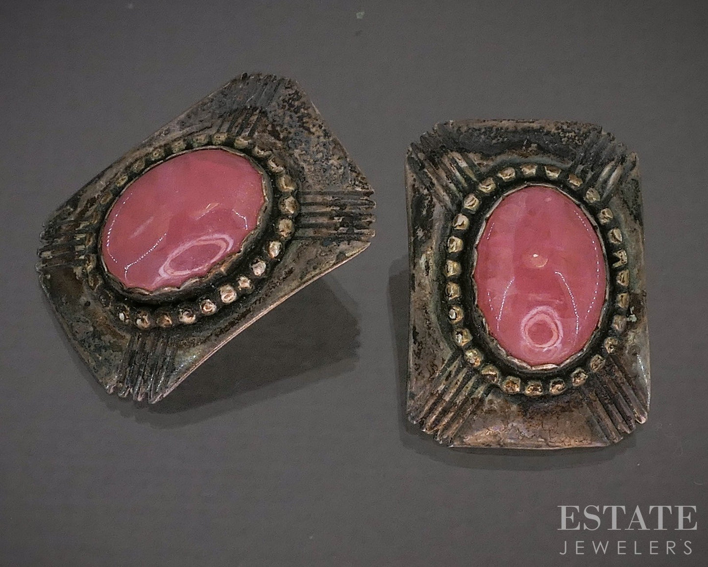 Sterling Natural Rose Quartz Navajo Signed JPJ Ladies Earrings 11g p28647