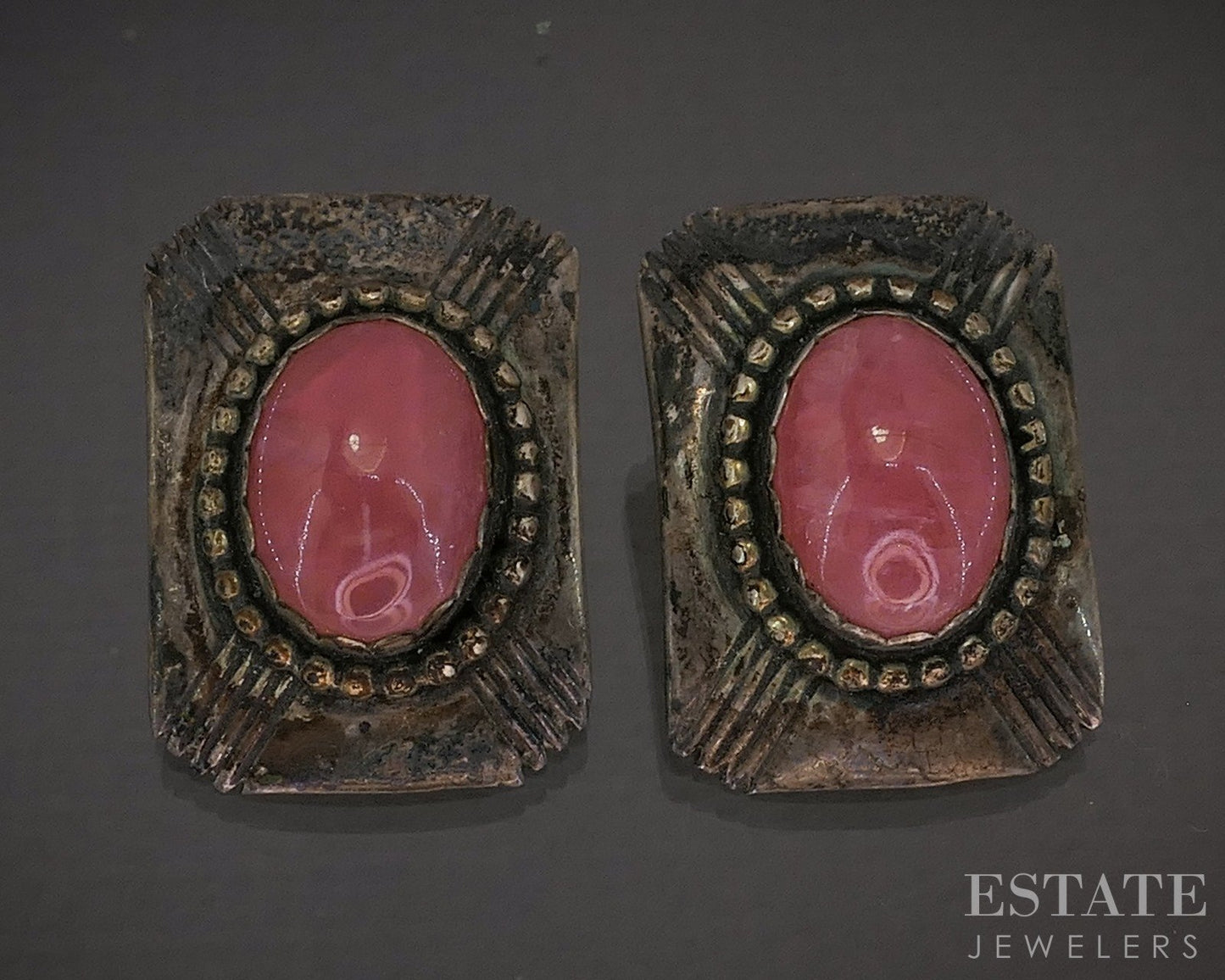 Sterling Natural Rose Quartz Navajo Signed JPJ Ladies Earrings 11g p28647