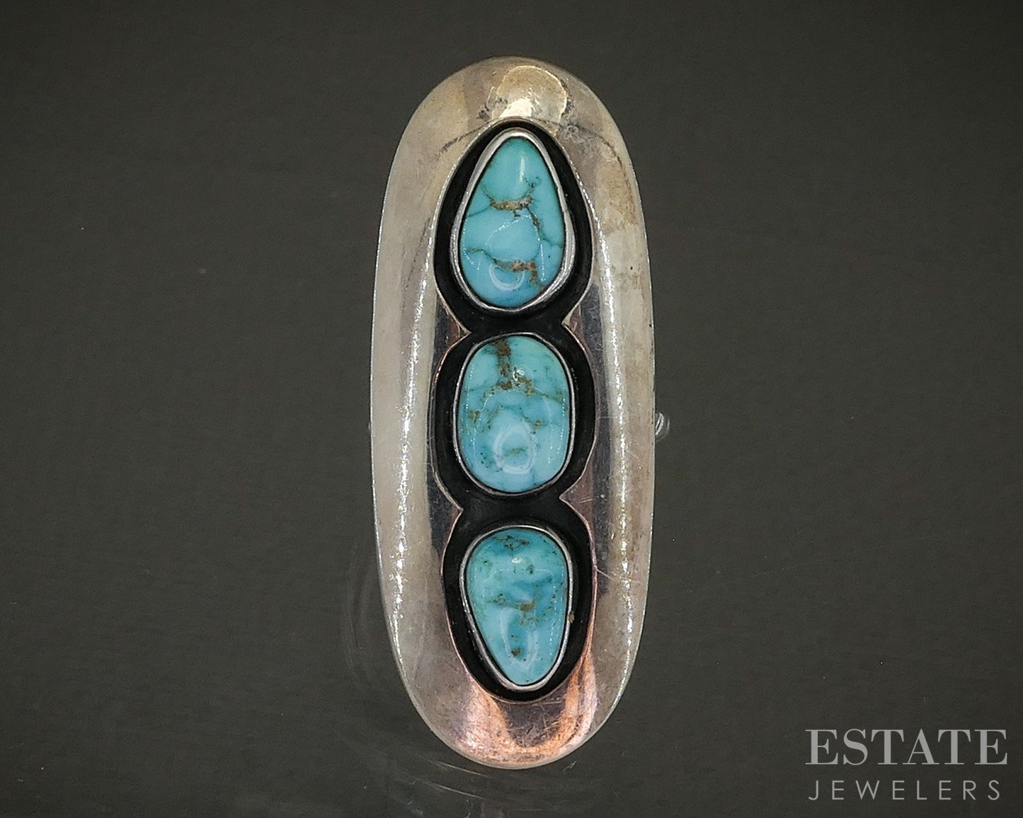 Vintage Sterling Natural Turquoise Navajo Shadowbox Signed Ring 16g p28648