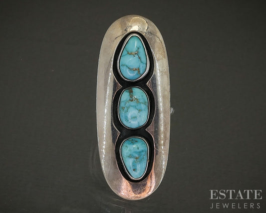 Vintage Sterling Natural Turquoise Navajo Shadowbox Signed Ring 16g p28648