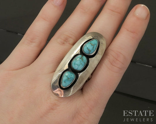 Vintage Sterling Natural Turquoise Navajo Shadowbox Signed Ring 16g p28648
