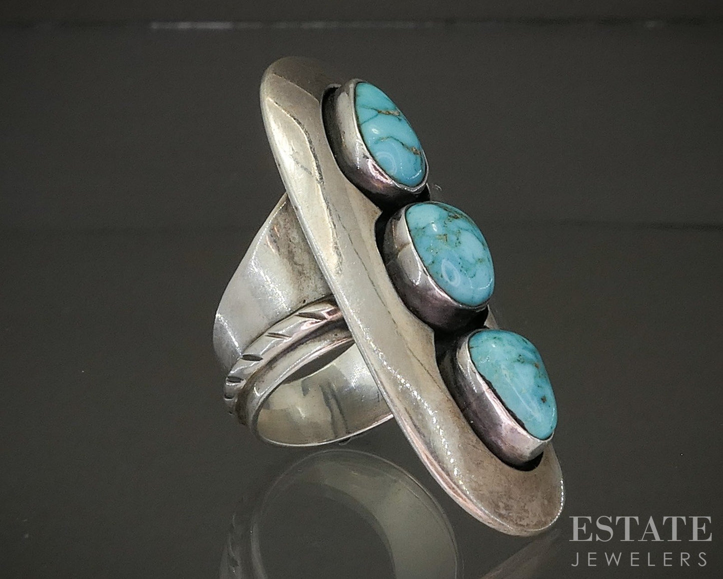 Vintage Sterling Natural Turquoise Navajo Shadowbox Signed Ring 16g p28648