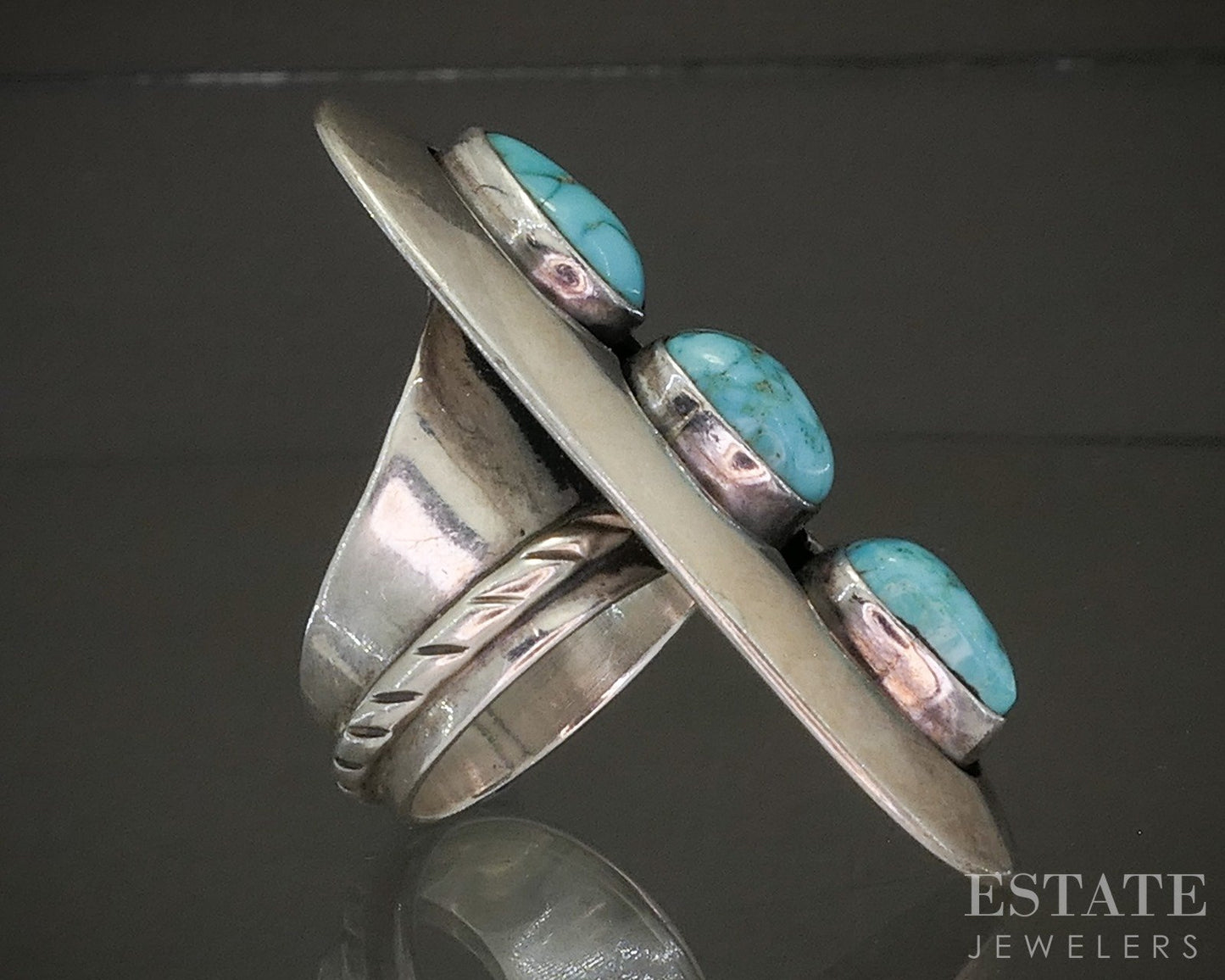 Vintage Sterling Natural Turquoise Navajo Shadowbox Signed Ring 16g p28648