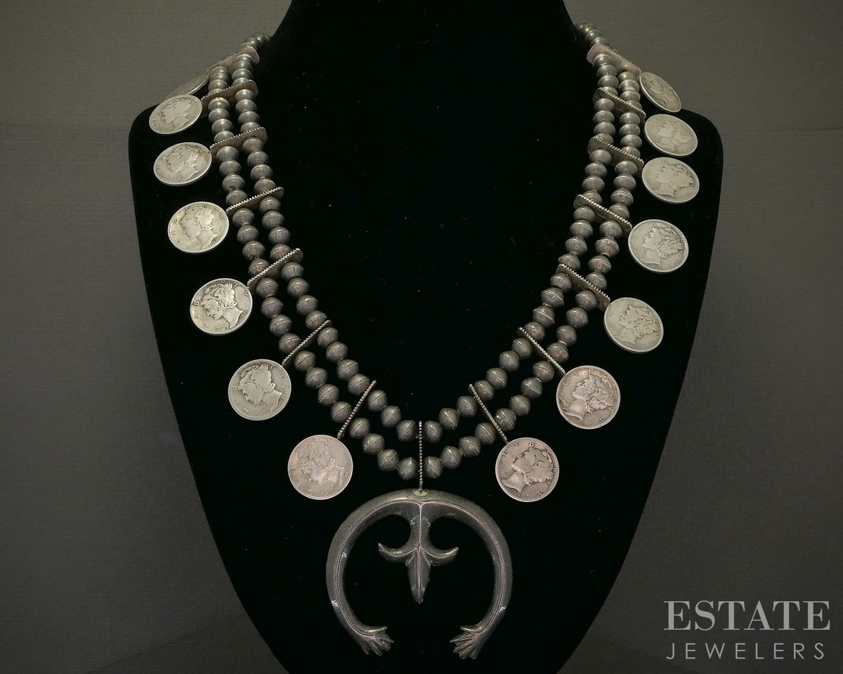 Sterling Mercury Dime Navajo Sandcast Signed Squash Blossom Necklace 100g p28649