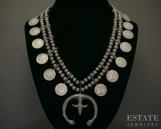 Sterling Mercury Dime Navajo Sandcast Signed Squash Blossom Necklace 100g p28649