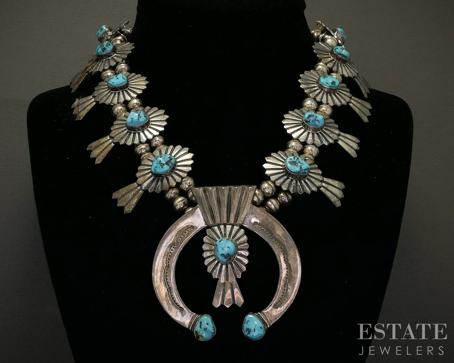 Sterling Morenci Turquoise Fred Thompson Navajo Squash Blossom Necklace p28651